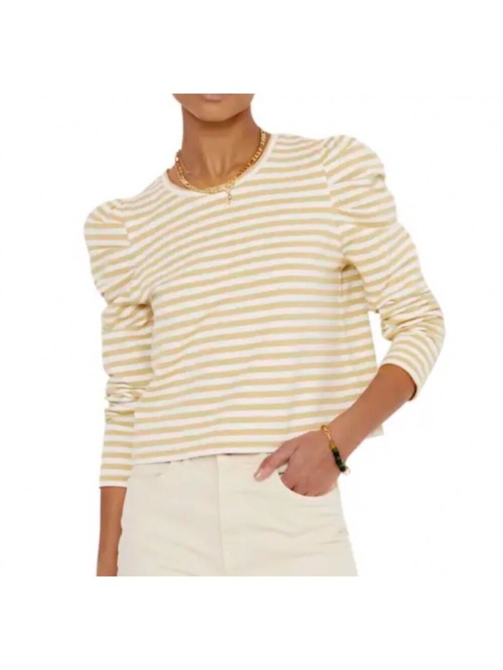 Rebecca Minkoff Talia Striped Puff Sleeve Cropped Sweatshirt XS Tan & White desi